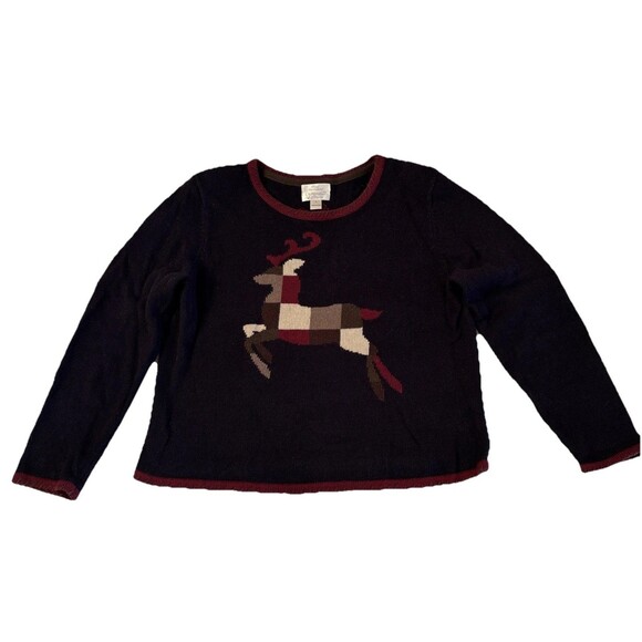 Ladies Vintage Christopher & Banks Navy W/Plaid Reindeer LS Sweater Size L - Picture 1 of 9